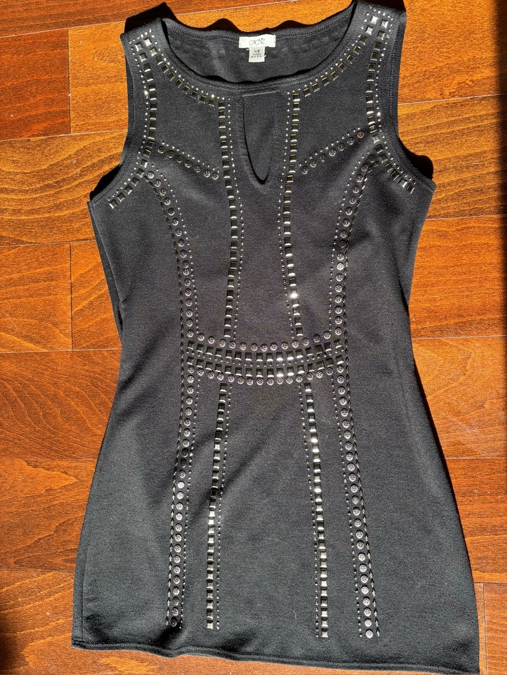 Caché black silver studded sleeveless tunic/bodycon mini dress, Size XS